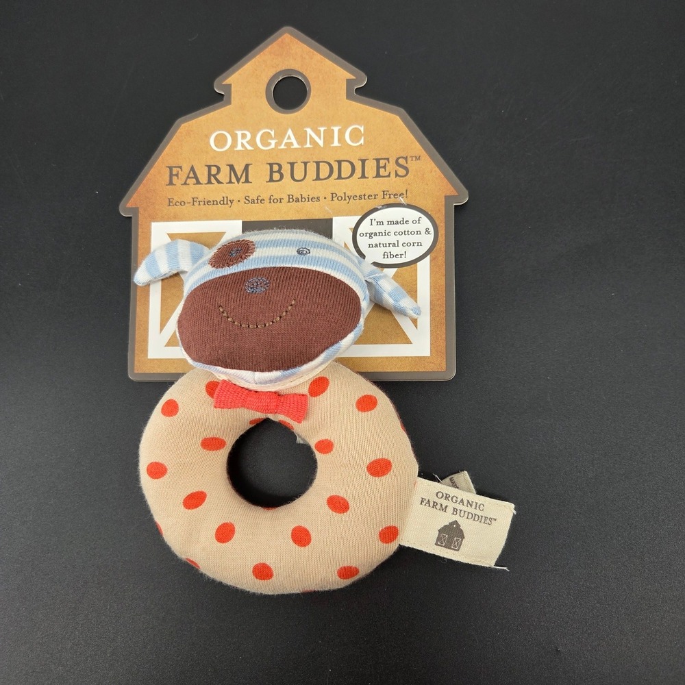 Apple Park Organic Farm Buddies Boxer Dog Baby Rattle TF010 Blue Tan Polka Dot